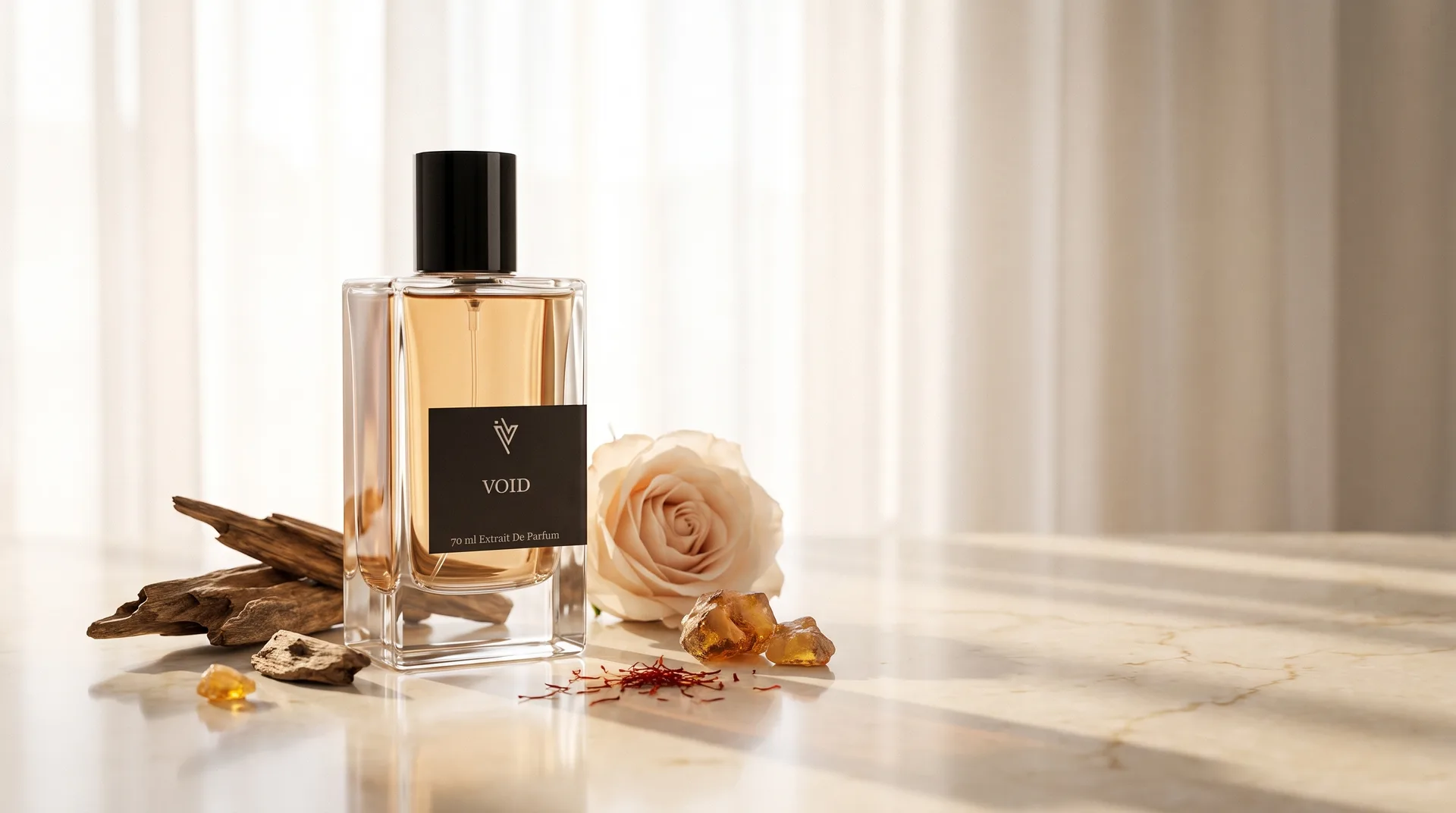 قارورة IVPERFUME المميزة مع خشب العود والورد والعنبر والزعفران في ضوء نهار أبوظبي الناعم
